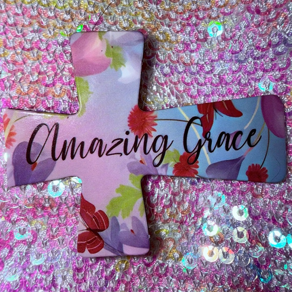 AMAZING GRACE Butterflies & Colorful Florals Blue/Pink Cross Magnet - Picture 2 of 4